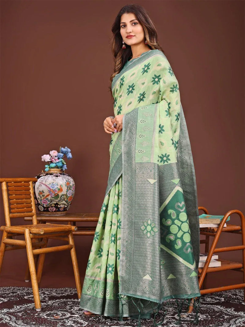 Light Green Linen Cotton Saree With Blouse Piece - EZBER