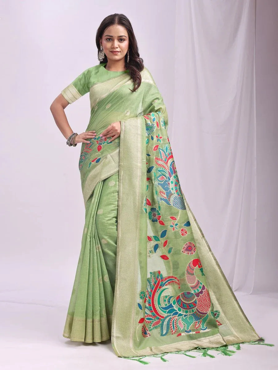 Light Green Linen Cotton Saree With Blouse Piece - EZBER