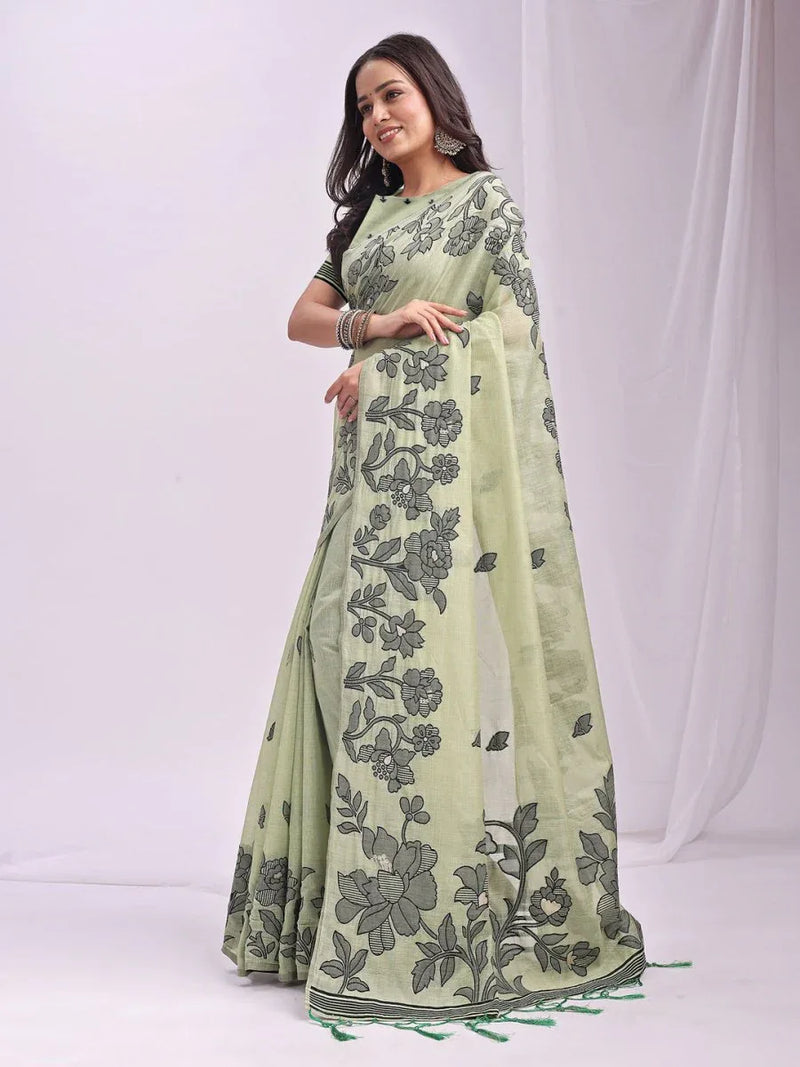Light Green Linen Cotton Saree With Blouse Piece - EZBER