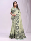 Light Green Linen Cotton Saree With Blouse Piece - EZBER