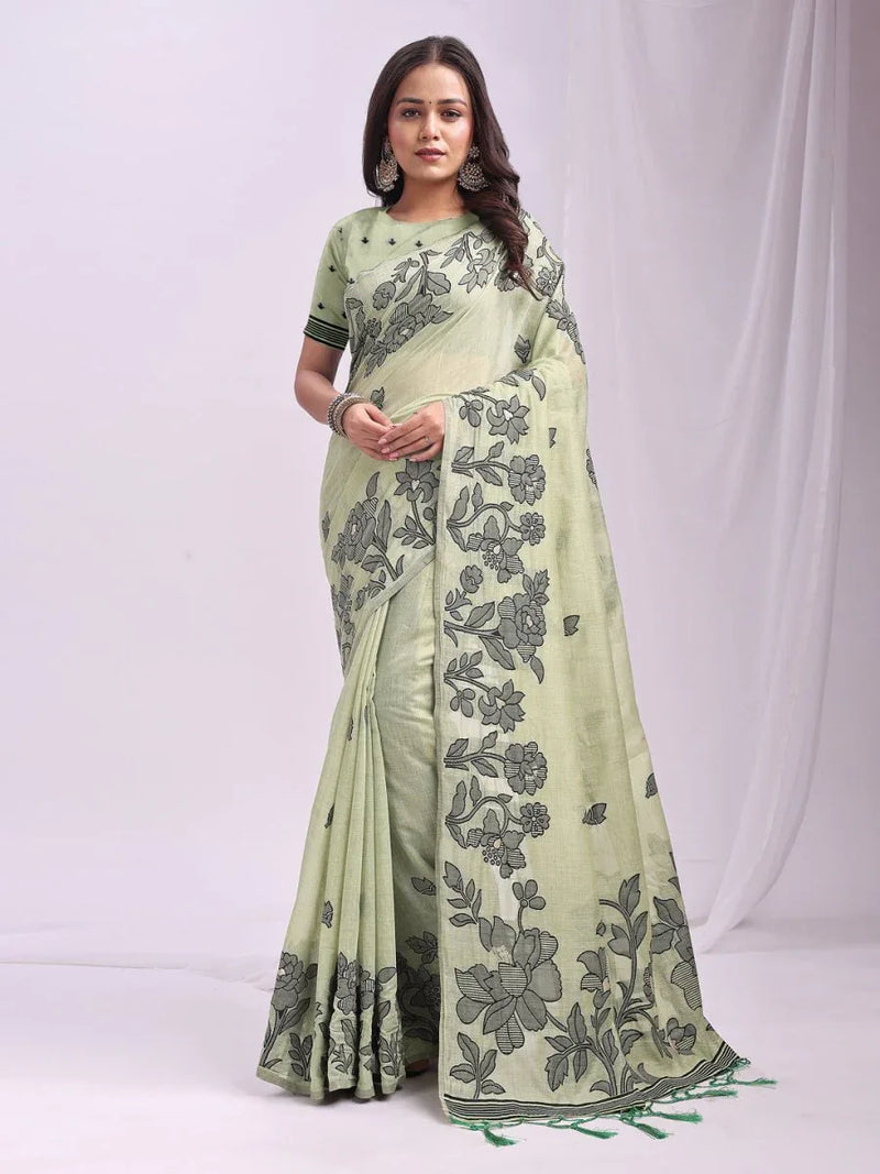 Light Green Linen Cotton Saree With Blouse Piece - EZBER