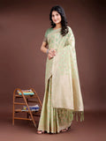 Light Green Linen Cotton Saree With Blouse Piece - EZBER