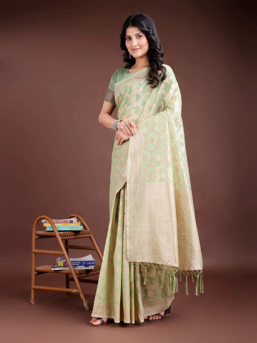 Light Green Linen Cotton Saree With Blouse Piece - EZBER
