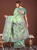 Light Green Linen Cotton Saree With Blouse Piece - EZBER