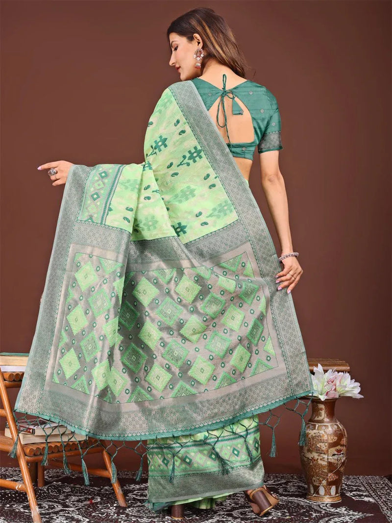 Light Green Linen Cotton Saree With Blouse Piece - EZBER