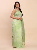 Light Green Linen Cotton Saree With Blouse Piece - EZBER