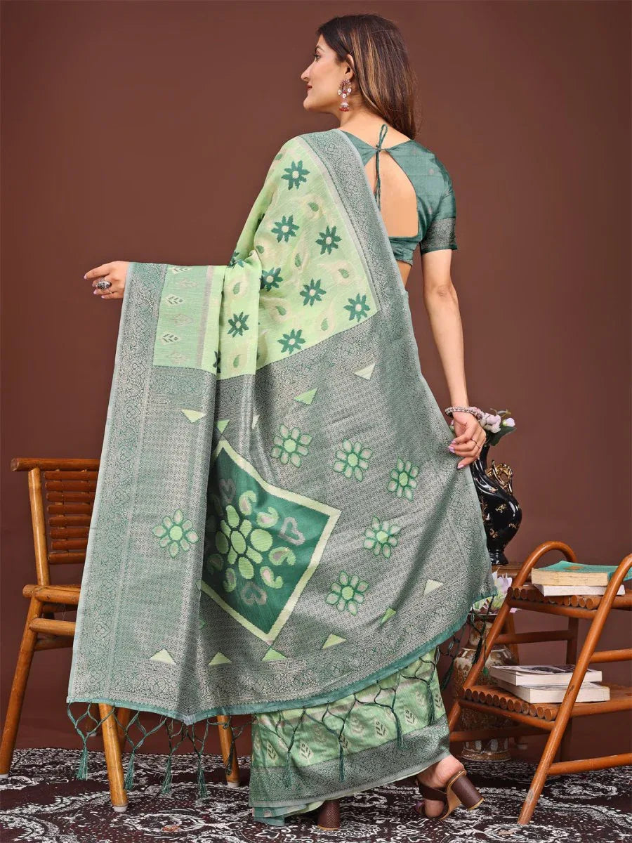 Light Green Linen Cotton Saree With Blouse Piece - EZBER