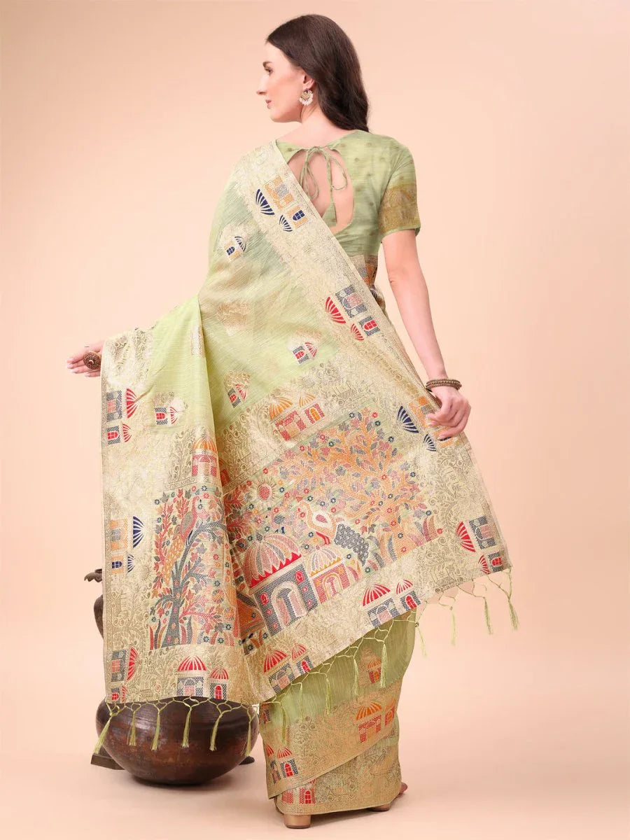 Light Green Linen Cotton Saree With Blouse Piece - EZBER