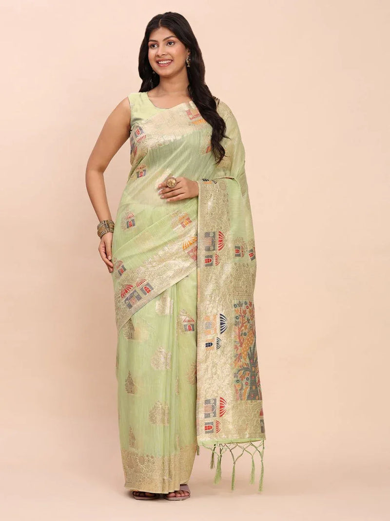 Light Green LINEN COTTON Saree With Blouse Piece - EZBER