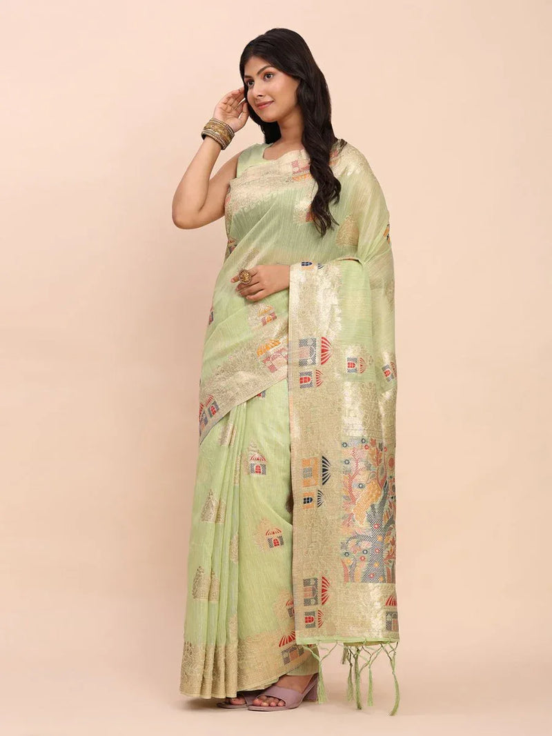 Light Green LINEN COTTON Saree With Blouse Piece - EZBER