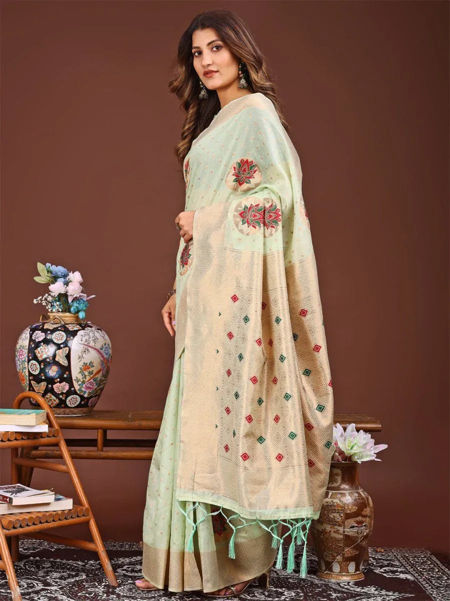 Light Green Linen Cotton Saree With Blouse Piece - EZBER