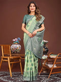 Light Green Linen Cotton Saree With Blouse Piece - EZBER