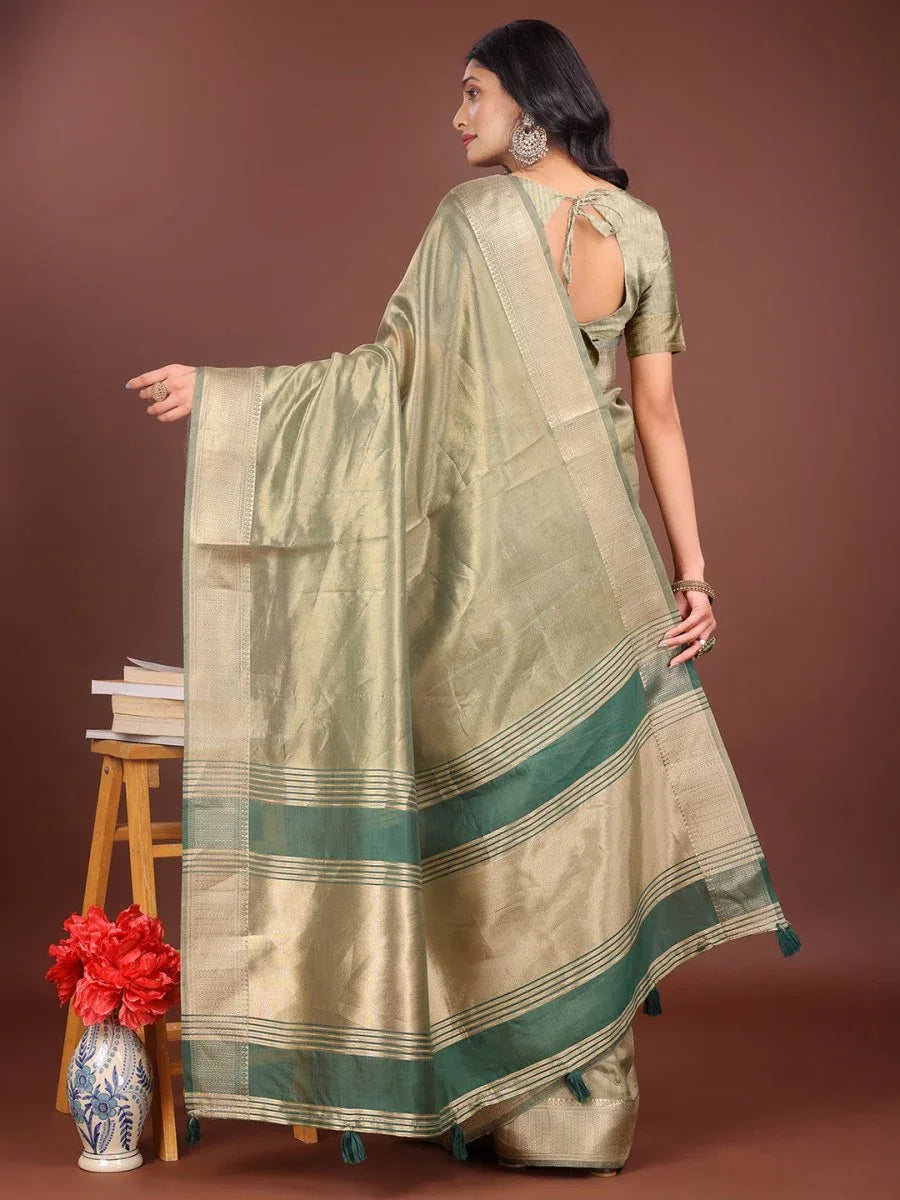 Light Green Organza Saree With Blouse Piece - EZBER