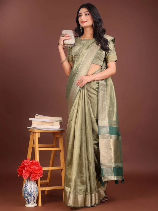 Light Green Organza Saree With Blouse Piece - EZBER