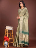 Light Green Organza Saree With Blouse Piece - EZBER