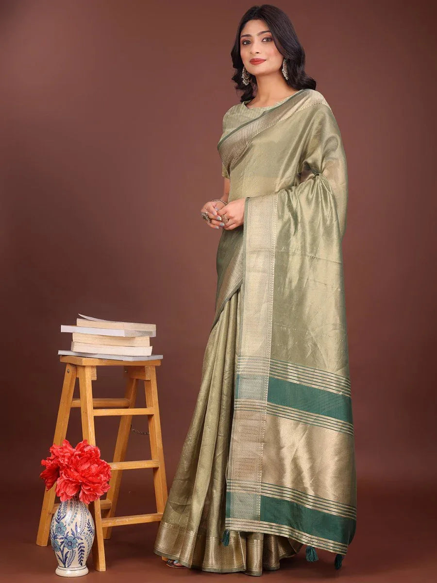 Light Green Organza Saree With Blouse Piece - EZBER