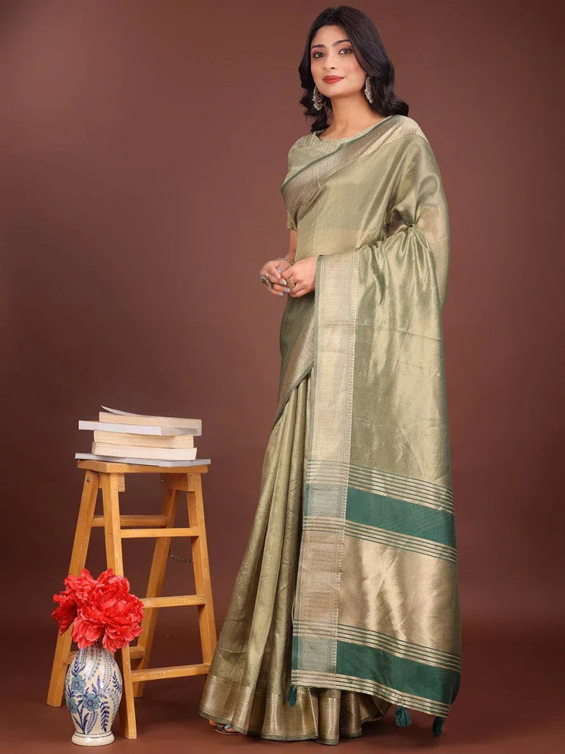 Light Green Organza Saree With Blouse Piece - EZBER