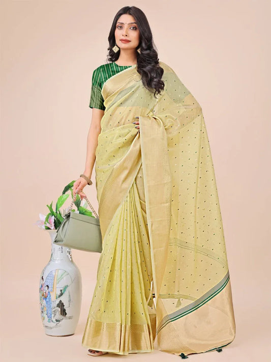 Light Green Organza Saree With Blouse Piece - EZBER