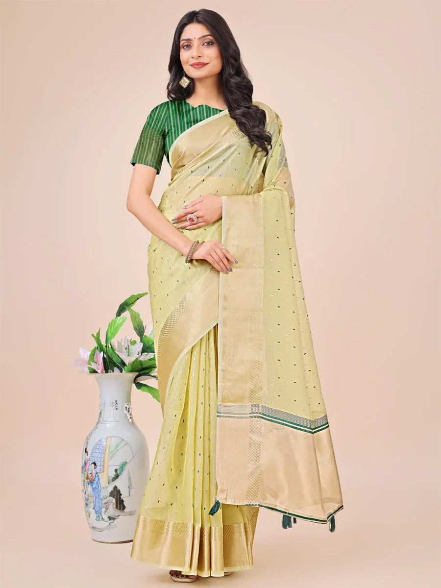 Light Green Organza Saree With Blouse Piece - EZBER