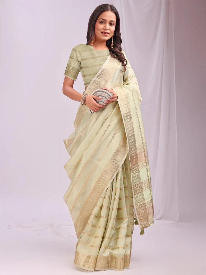 Light Green PORTO Organza Saree with Blouse Piece - EZBER