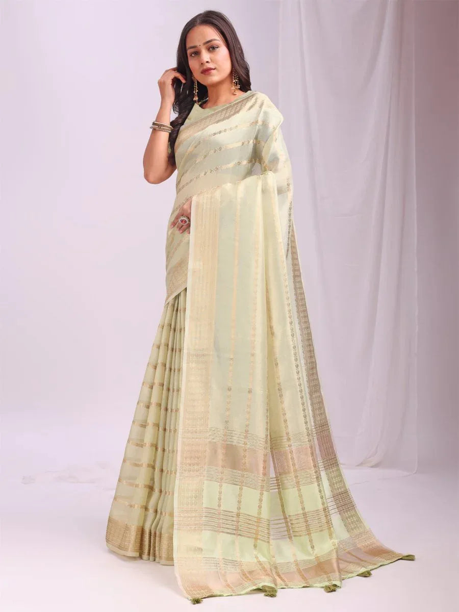 Light Green PORTO Organza Saree with Blouse Piece - EZBER