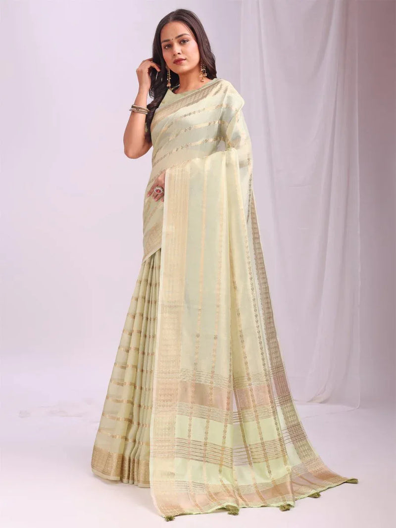 Light Green PORTO Organza Saree with Blouse Piece - EZBER