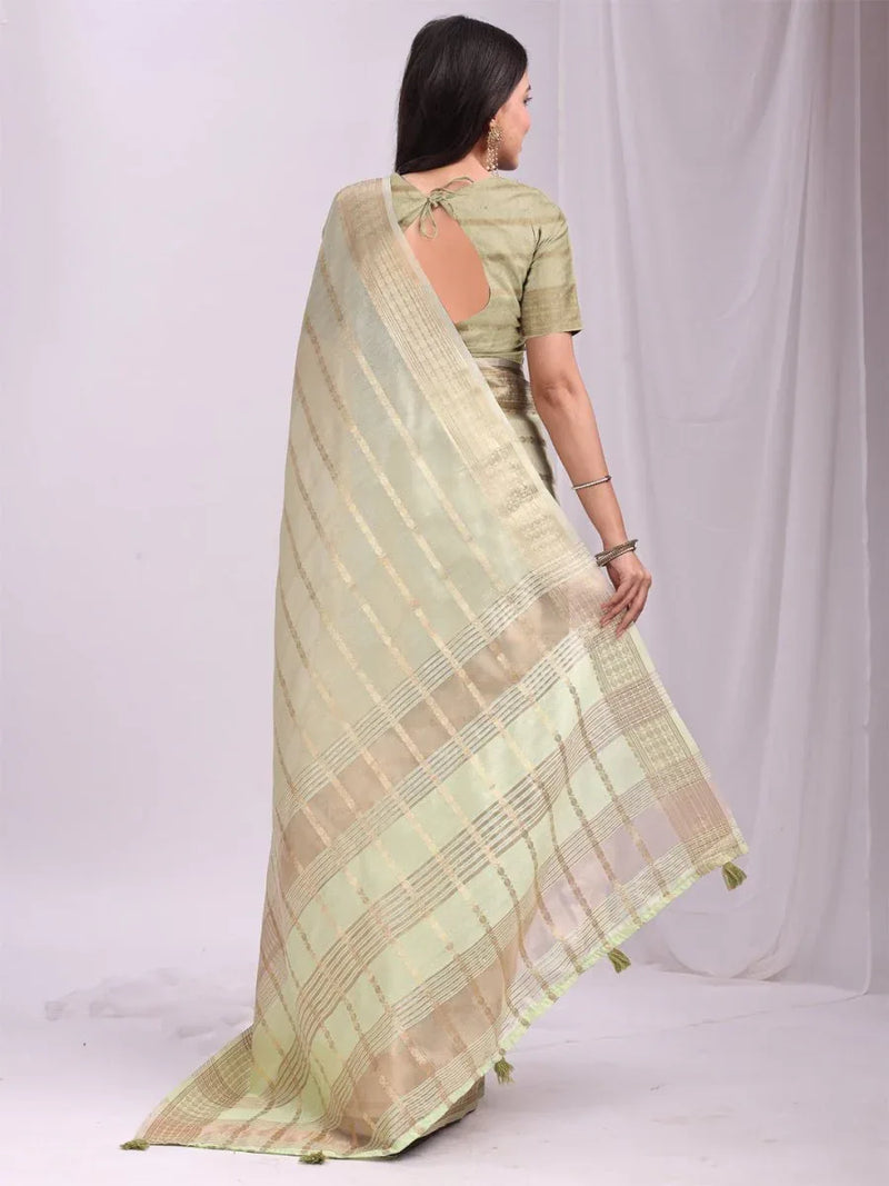 Light Green PORTO Organza Saree with Blouse Piece - EZBER