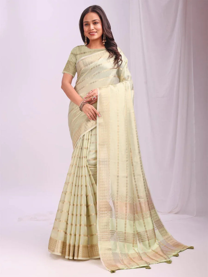 Light Green PORTO Organza Saree with Blouse Piece - EZBER