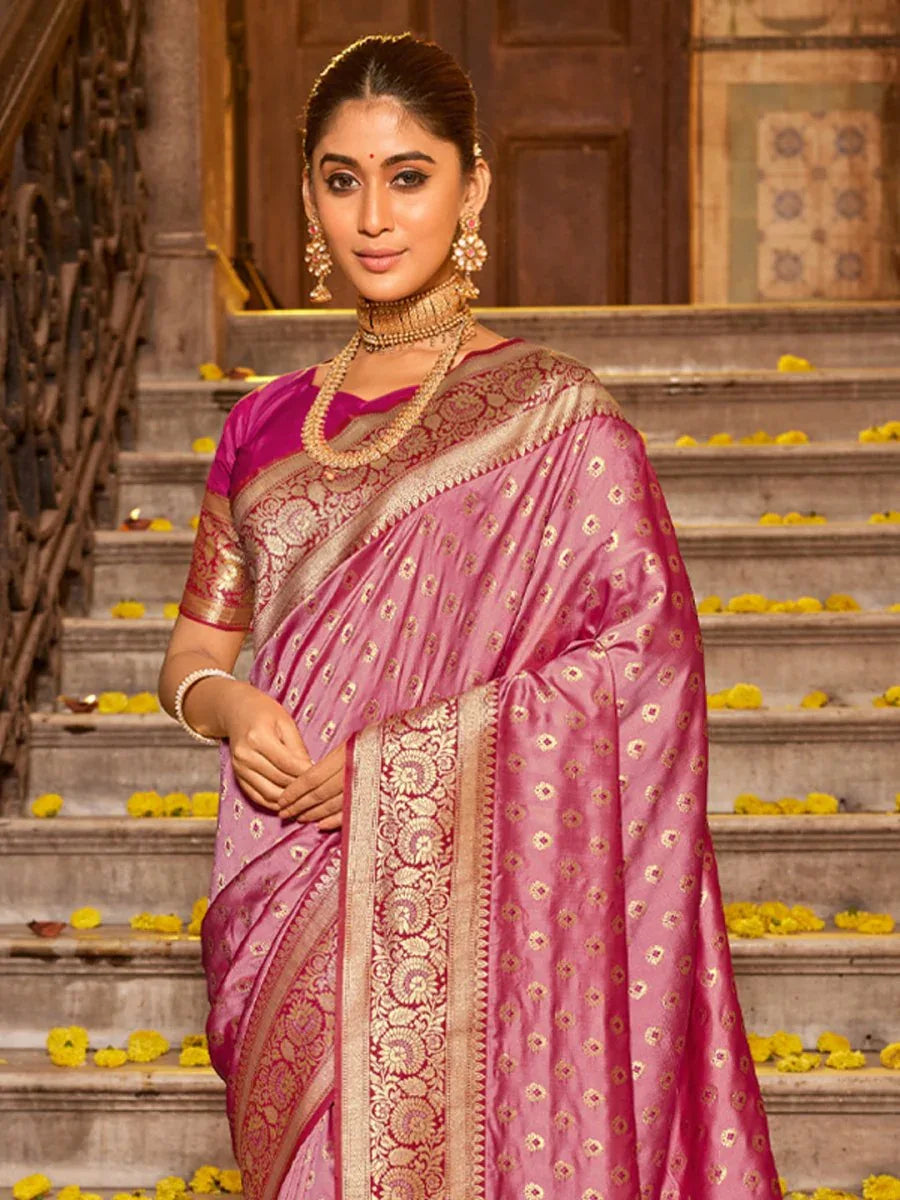 Light Pink Banarasi silk Saree With Blouse Piece - EZBER