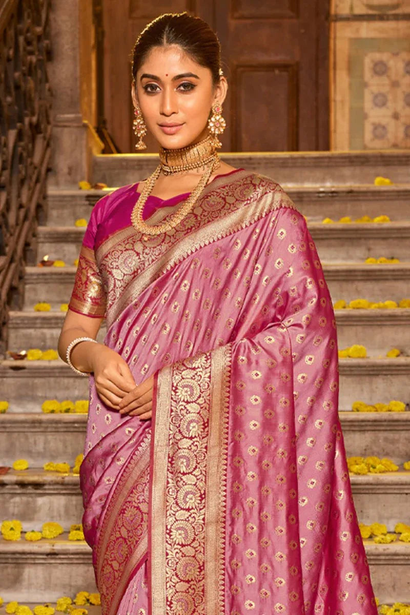 Light Pink Banarasi Silk Saree With Blouse Piece - EZBER