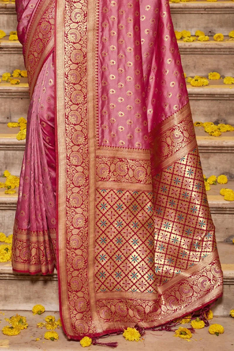Light Pink Banarasi Silk Saree With Blouse Piece - EZBER