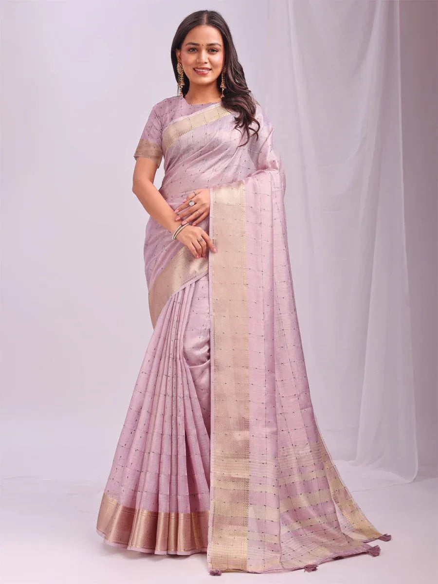 Light Pink CASUAL CHECKS Organza Saree with Blouse Piece - EZBER