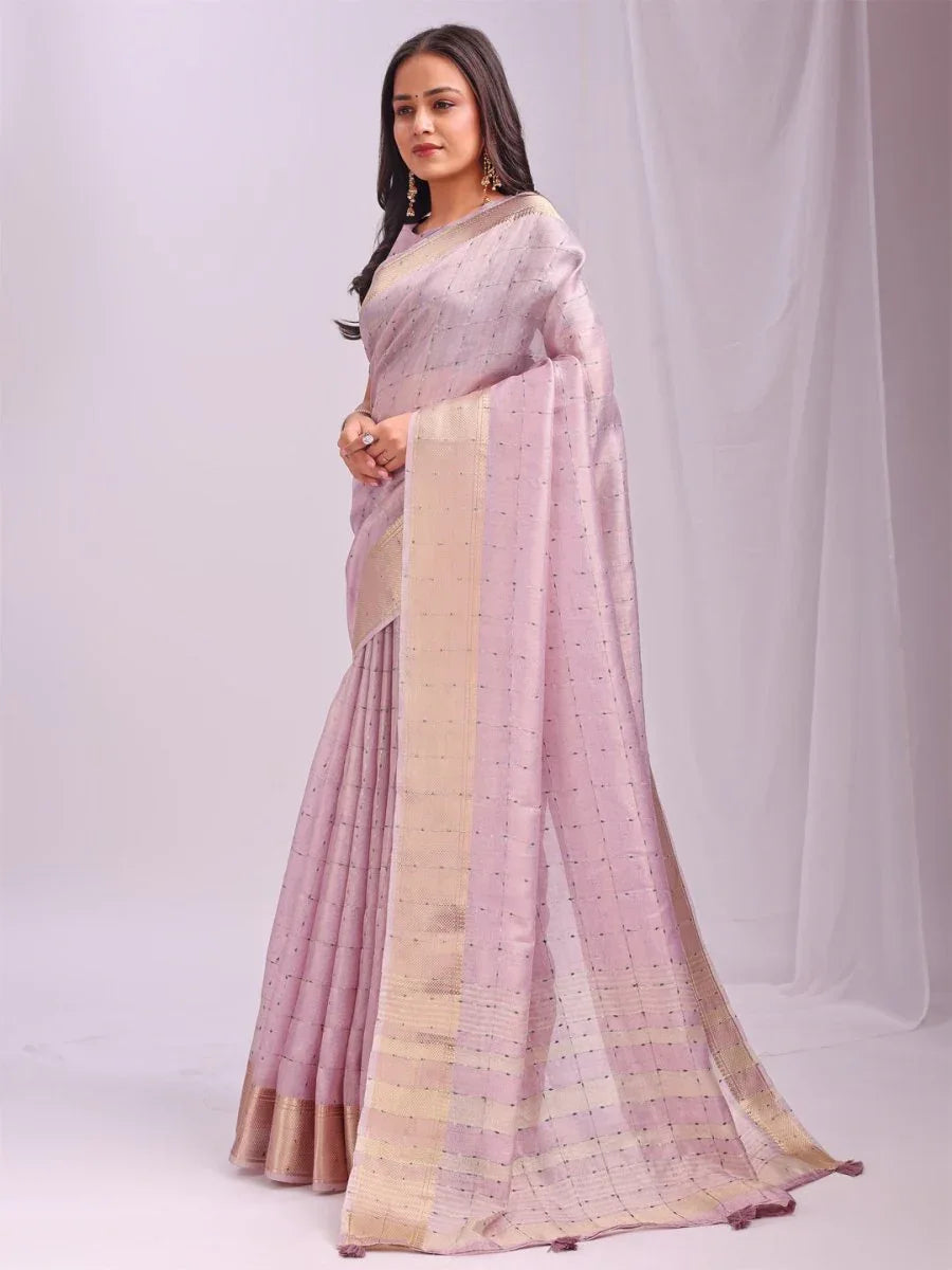 Light Pink CASUAL CHECKS Organza Saree with Blouse Piece - EZBER