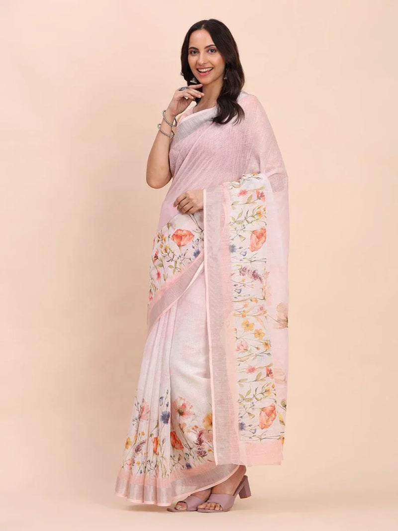 Light Pink COTTON CRUSH Linen Cotton Saree with Blouse Piece - EZBER