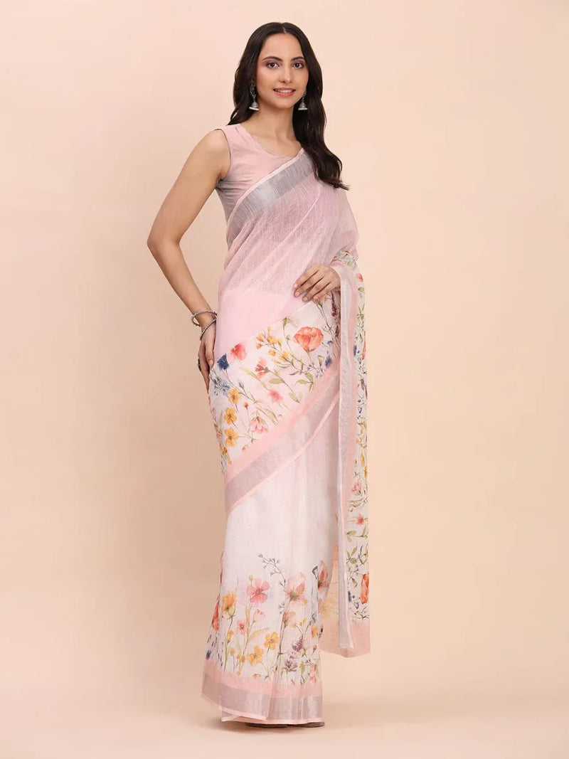 Light Pink COTTON CRUSH Linen Cotton Saree with Blouse Piece - EZBER