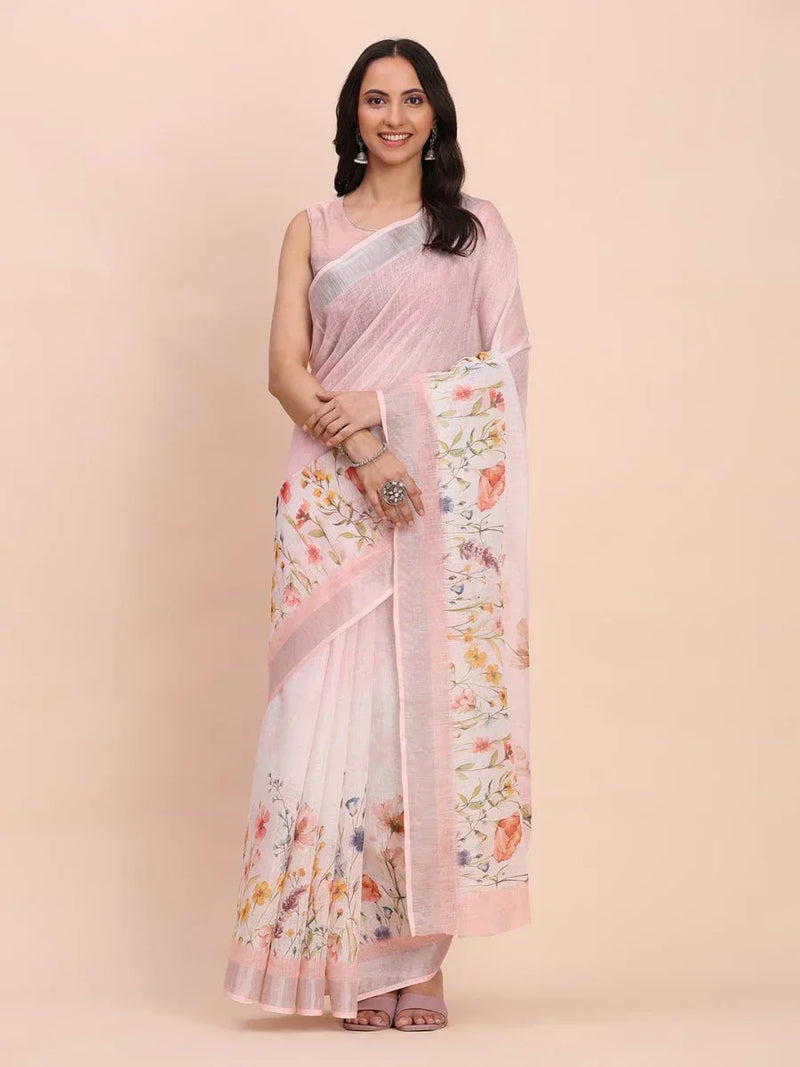 Light Pink COTTON CRUSH Linen Cotton Saree with Blouse Piece - EZBER