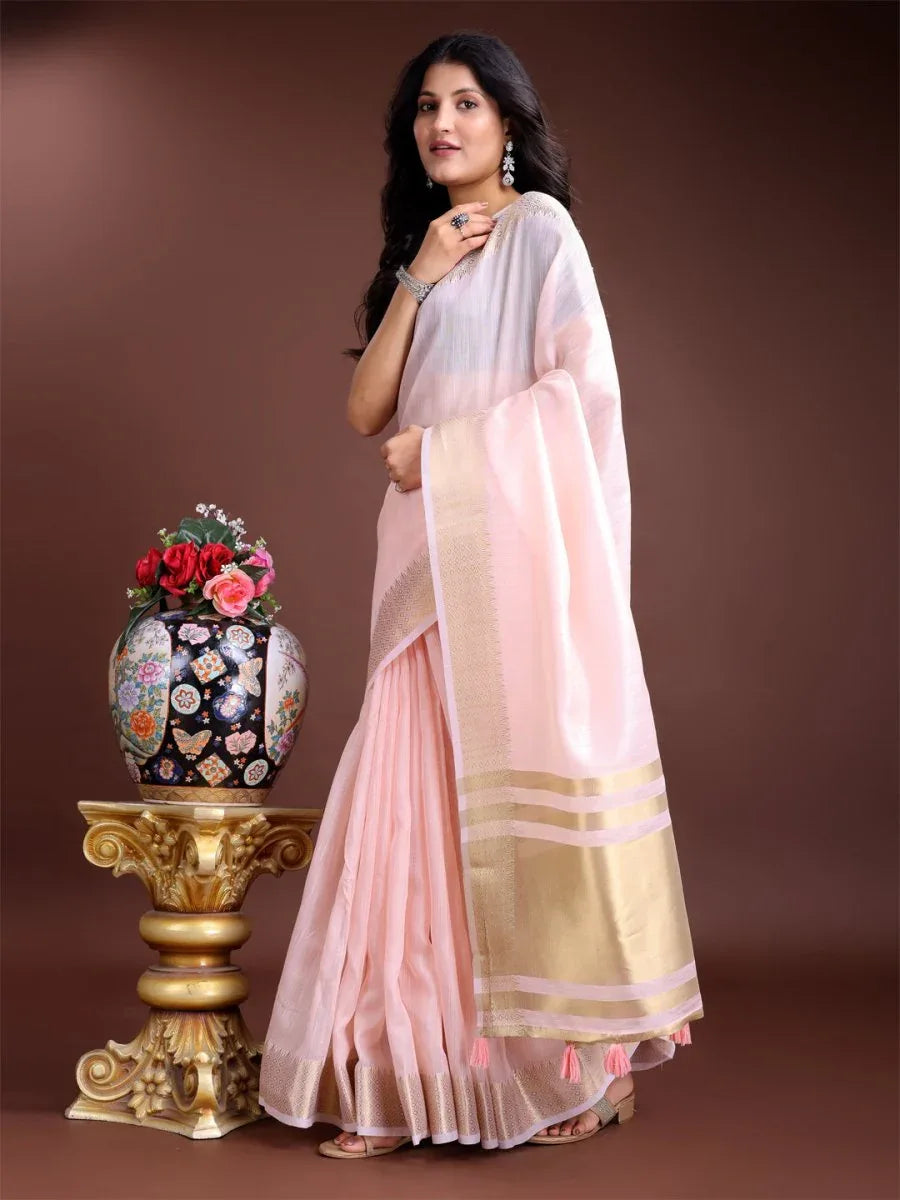 Light Pink Cotton Saree With Blouse Piece - EZBER