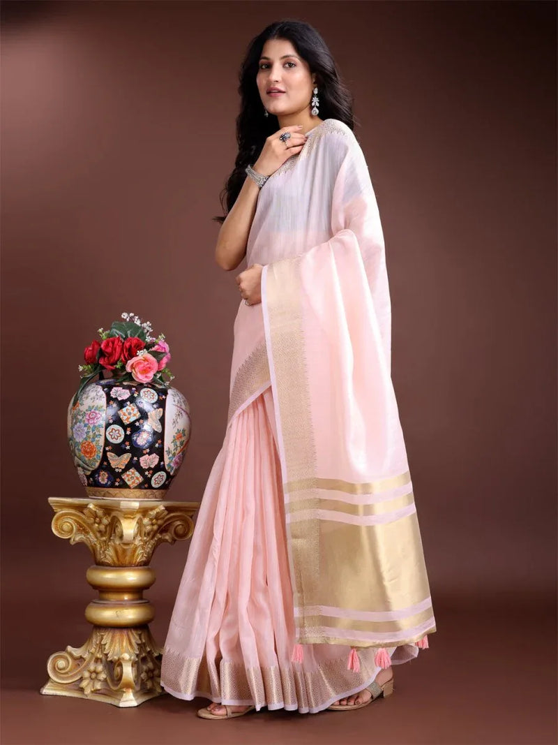 Light Pink Cotton Saree With Blouse Piece - EZBER