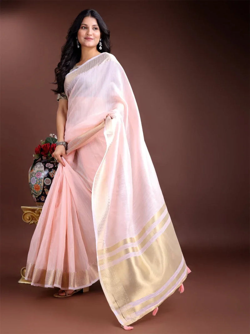 Light Pink Cotton Saree With Blouse Piece - EZBER