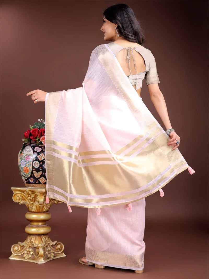 Light Pink Cotton Saree With Blouse Piece - EZBER