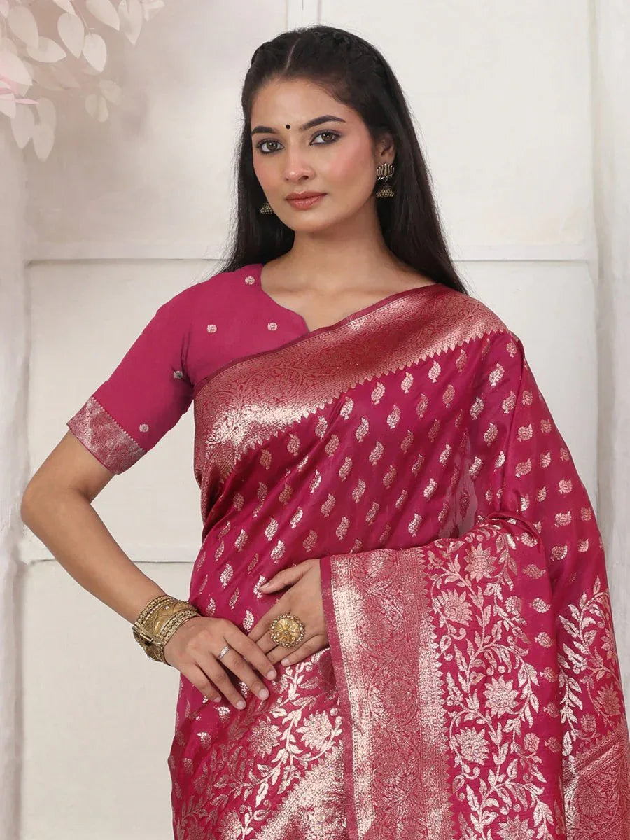 Light Pink Lichi Silk Saree With Blouse Piece - EZBER