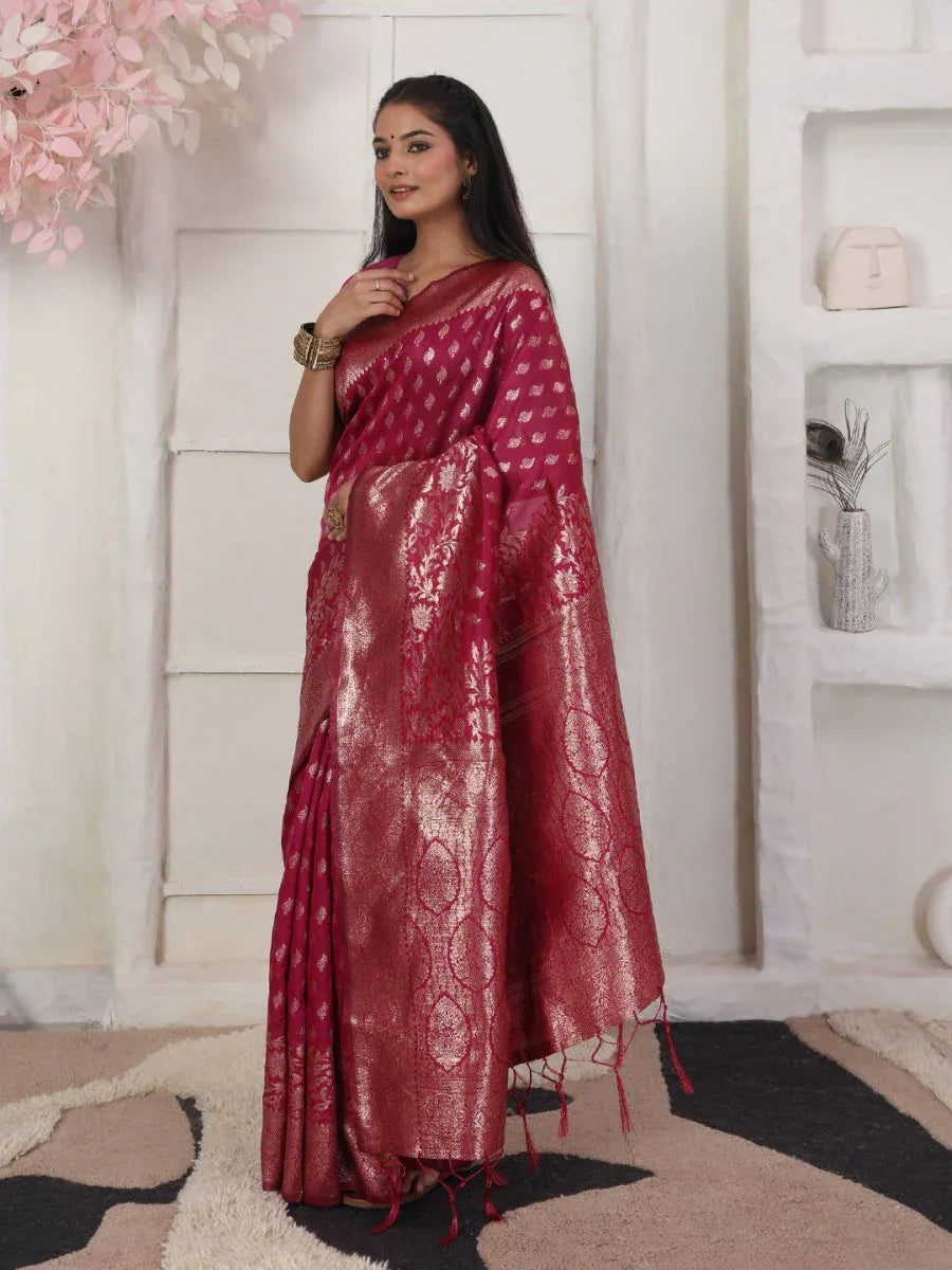 Light Pink Lichi Silk Saree With Blouse Piece - EZBER