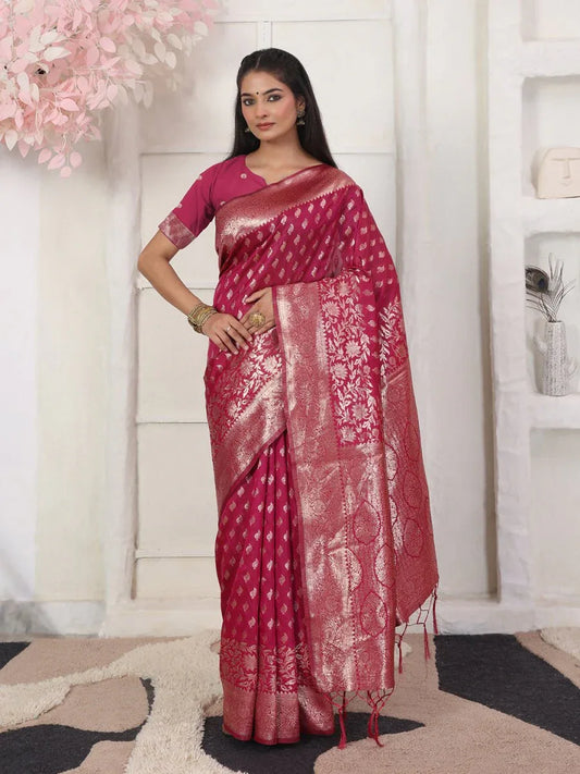 Light Pink Lichi Silk Saree With Blouse Piece - EZBER