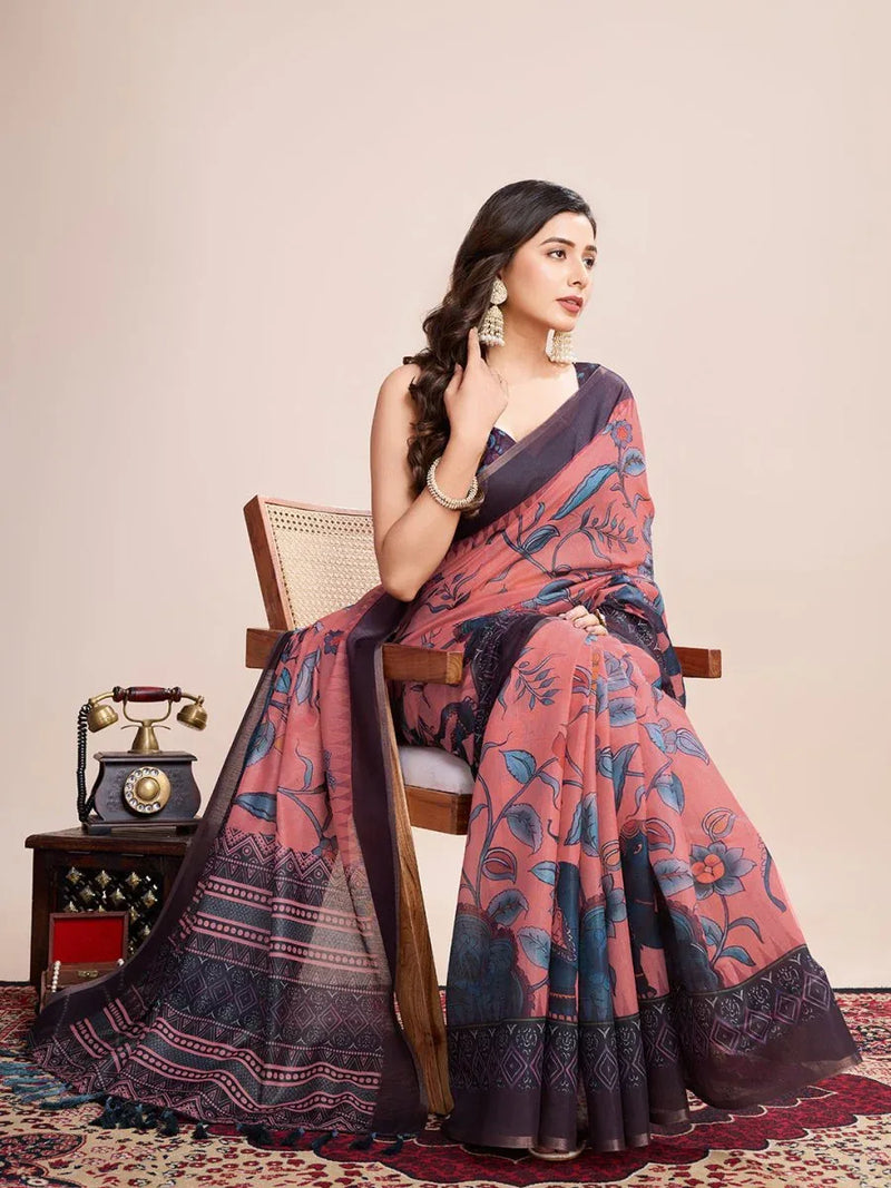 Light Pink Linen Blend Saree With Blouse Piece - EZBER