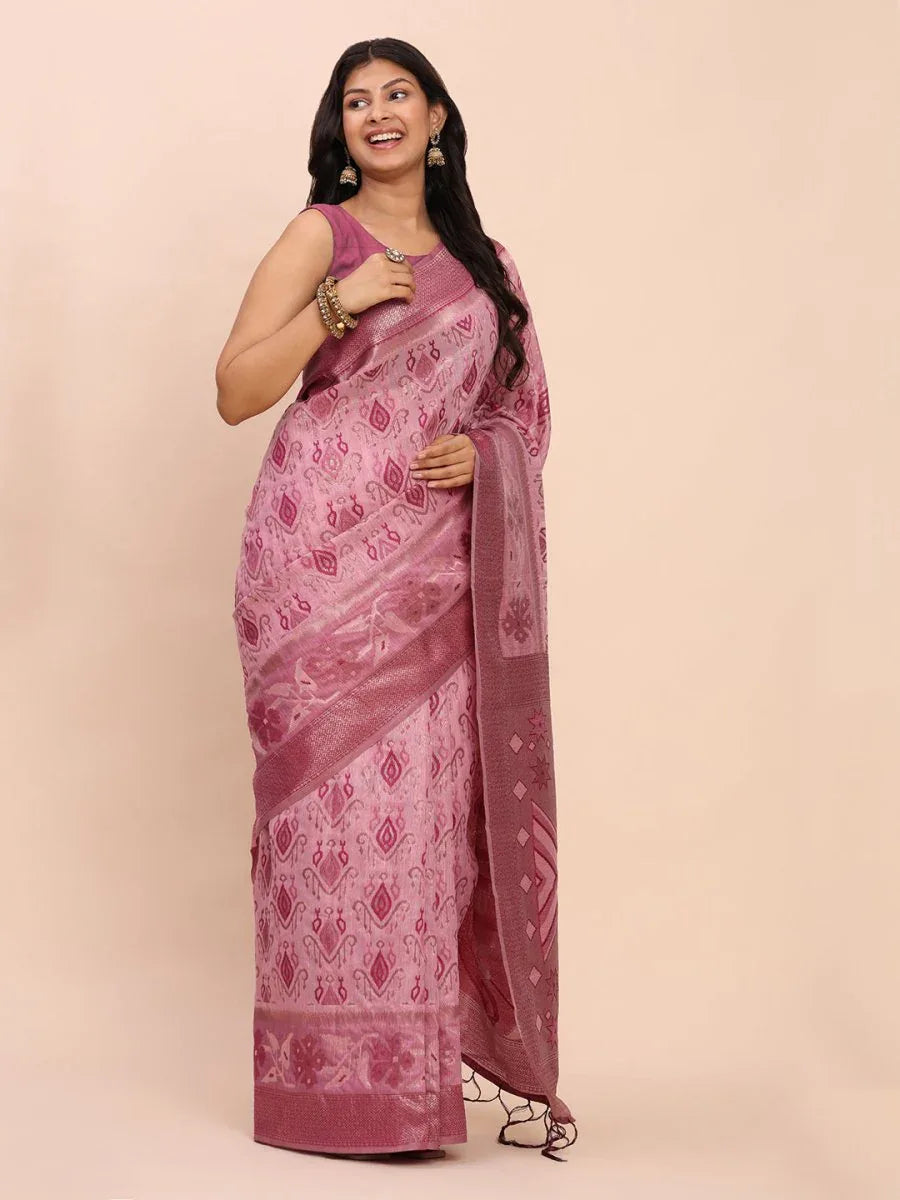 Light Pink Linen Cotton Saree With Blouse Piece - EZBER