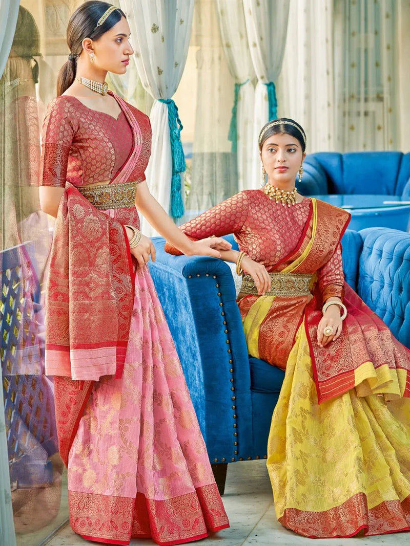 Light Pink Linen Cotton Saree With Blouse Piece - EZBER