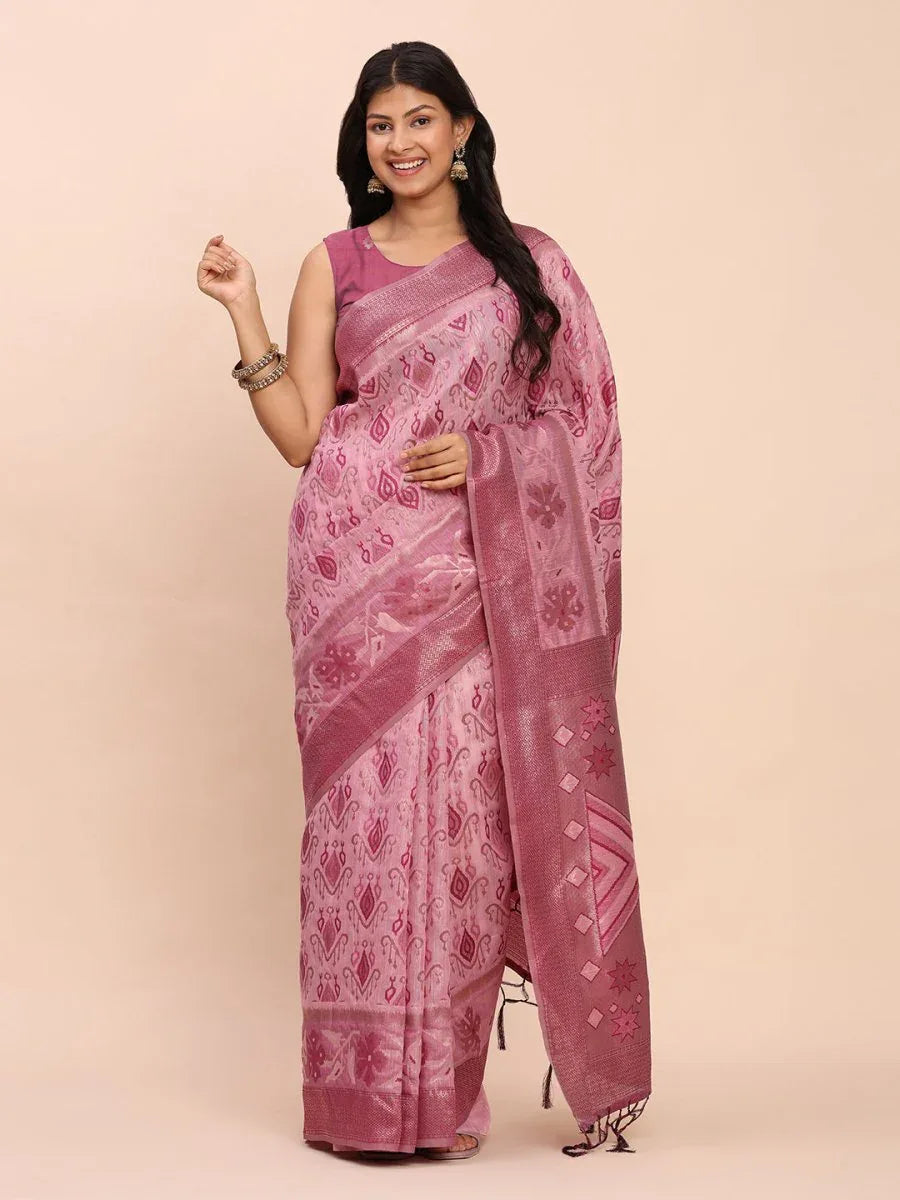 Light Pink Linen Cotton Saree With Blouse Piece - EZBER