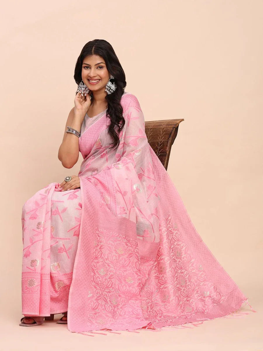 Light Pink Linen Cotton Saree With Blouse Piece - EZBER
