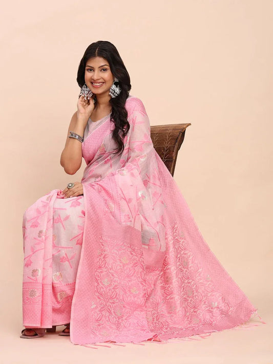 Light Pink Linen Cotton Saree With Blouse Piece - EZBER