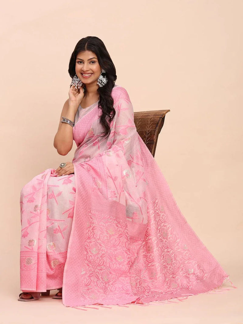 Light Pink Linen Cotton Saree With Blouse Piece - EZBER